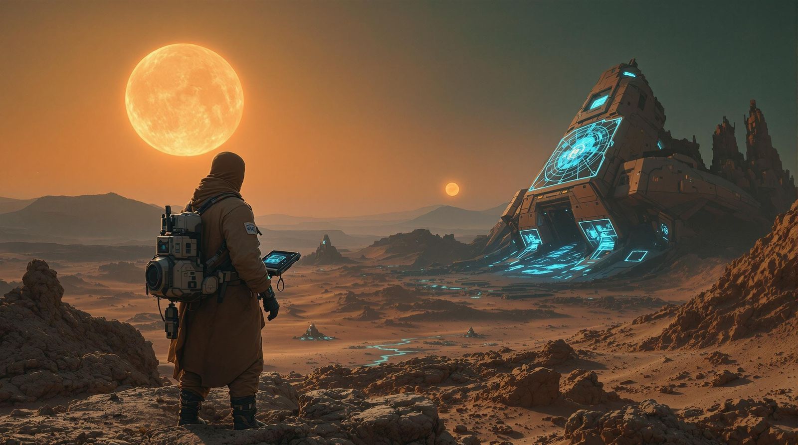 Futuristic Desert Explorer Overlooking Spaceship Ruins