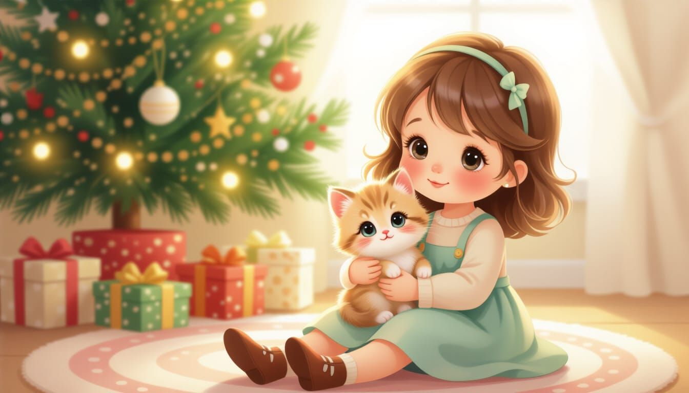 Sweet Girl and Kitten in Cozy Christmas Scene
