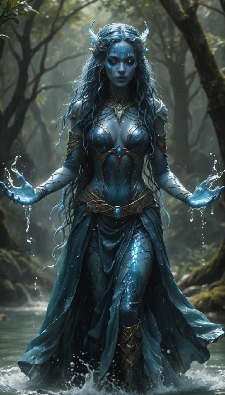 Beautiful blue skinned niaid walking through water with her ...