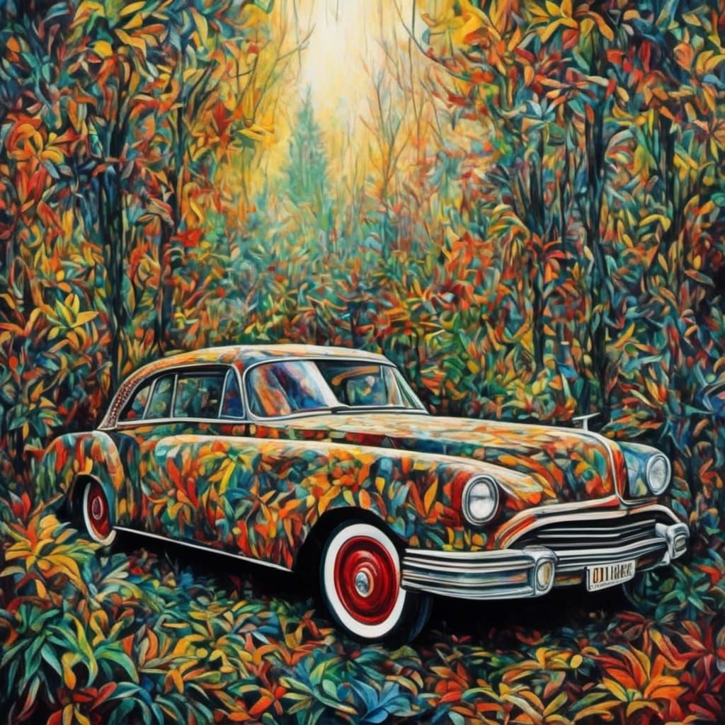 Feathered Car in Funky Forest: AI Art