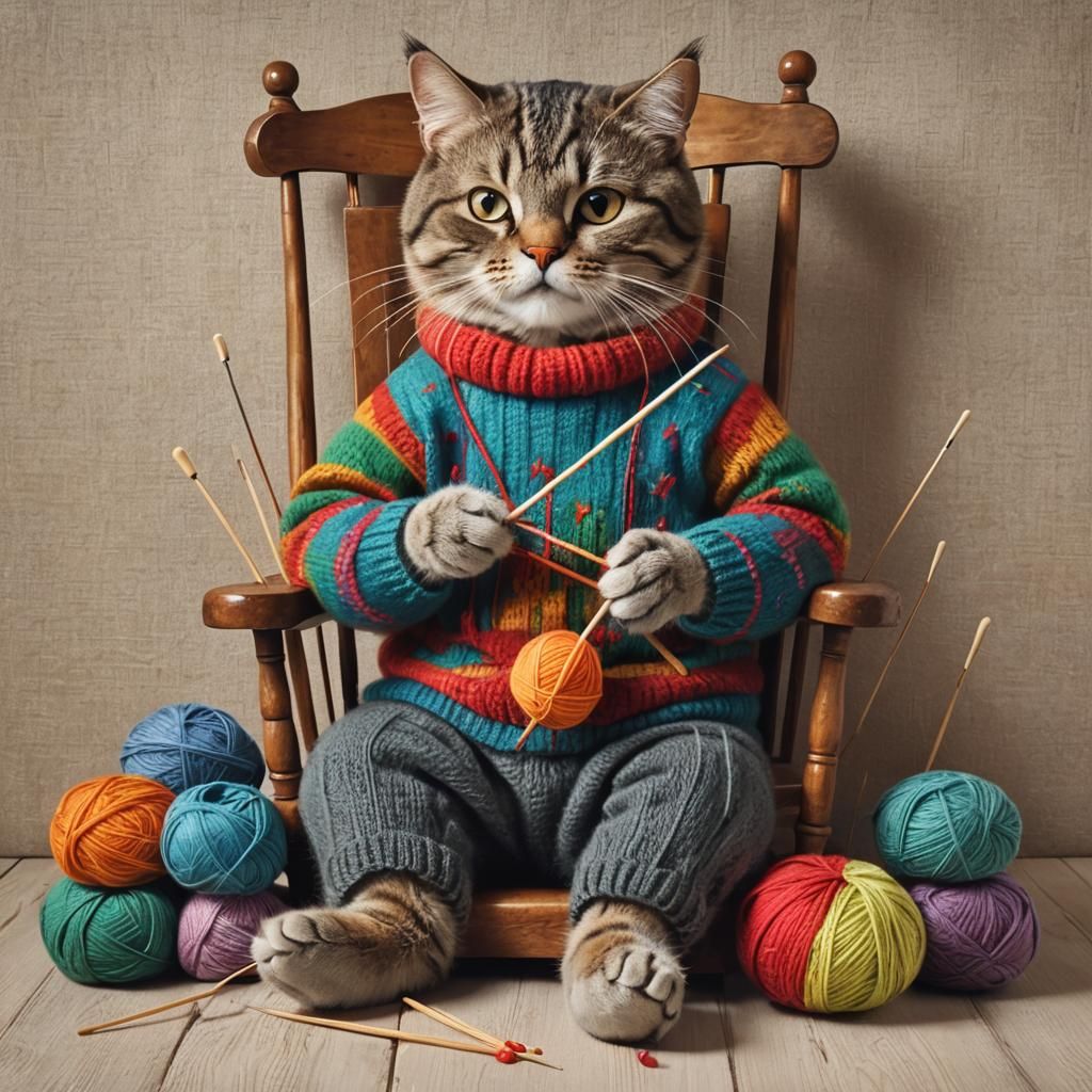 cat sitting in a rocking chair, holding knitting needles and knitting a sweater.