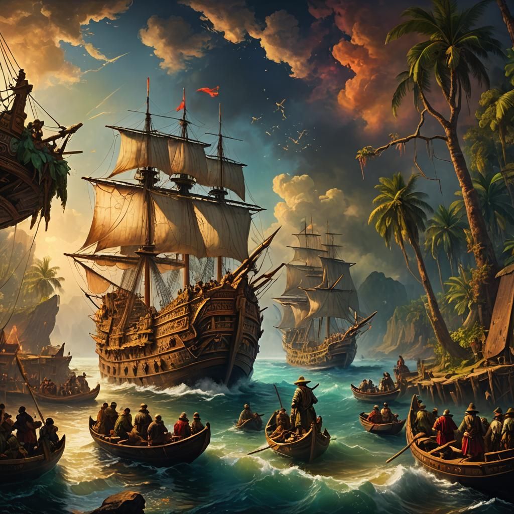 Polynesian Navigation as Rembrandt-Style Oil Painting