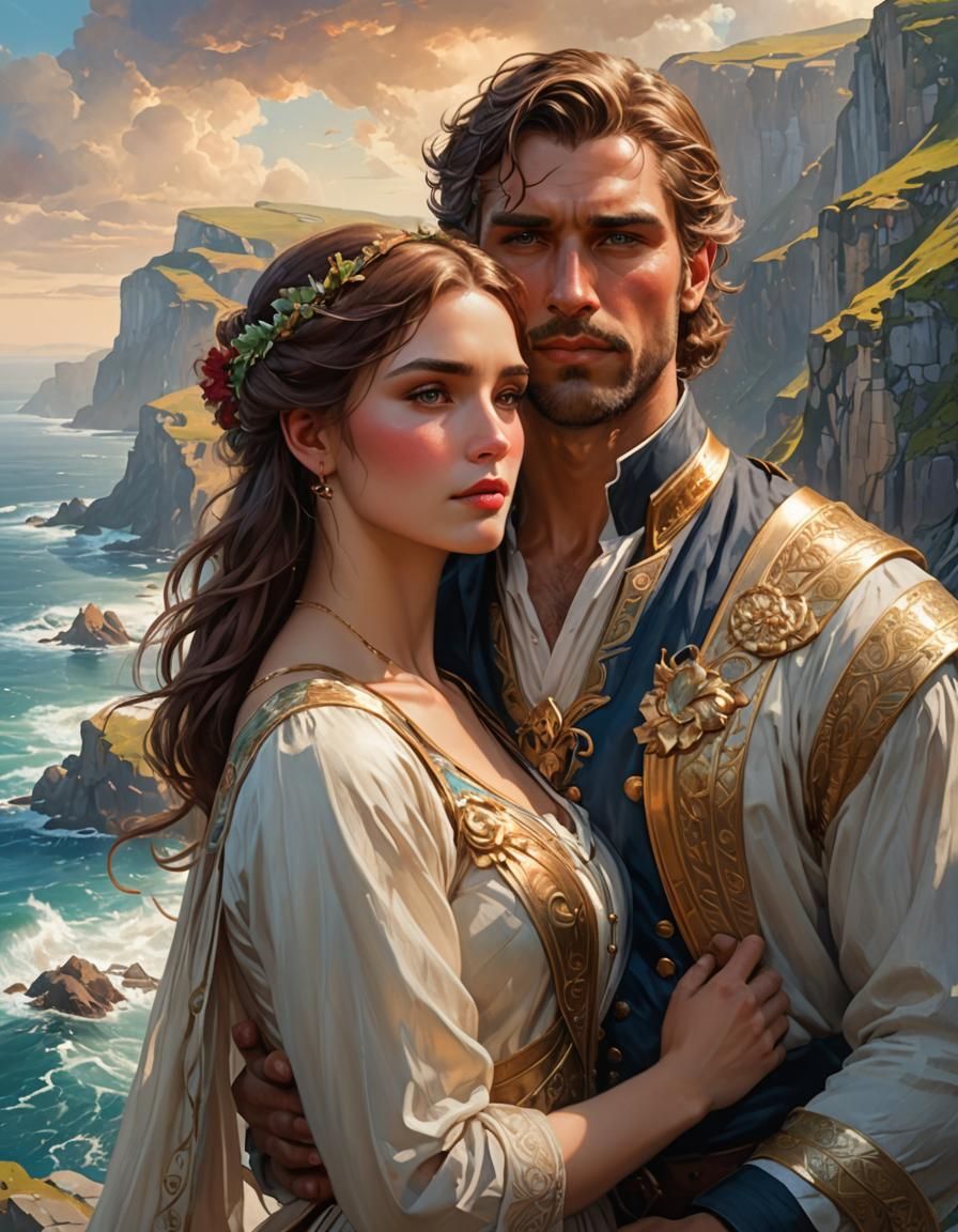 Romantic Embrace on English Cliffs: Art Nouveau Portrait
