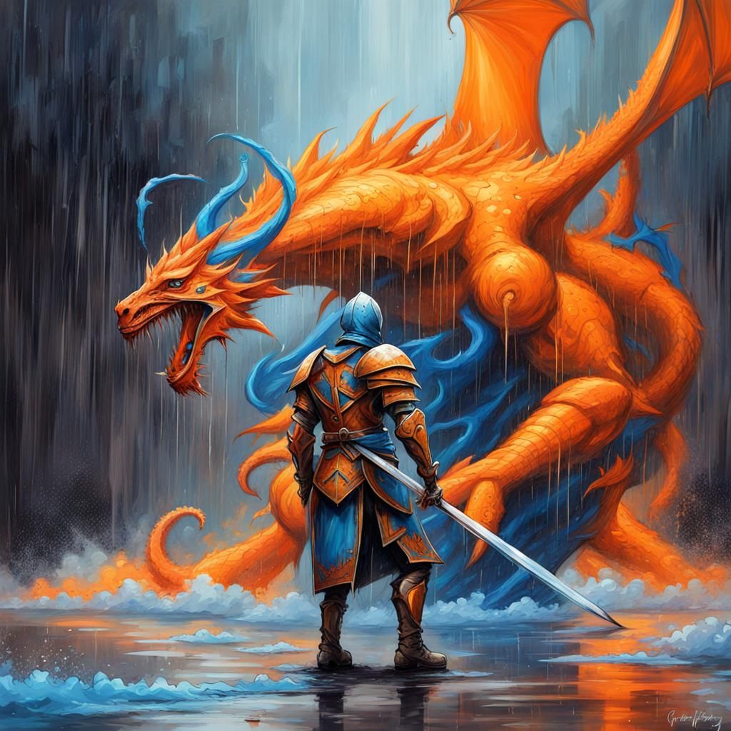 Knight vs Dragon in Rainstorm: Graffiti Art Style