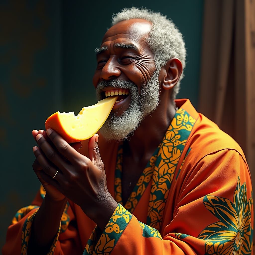 Elderly Man's Joyful Cheese Moment: Hyperrealistic Digital A...