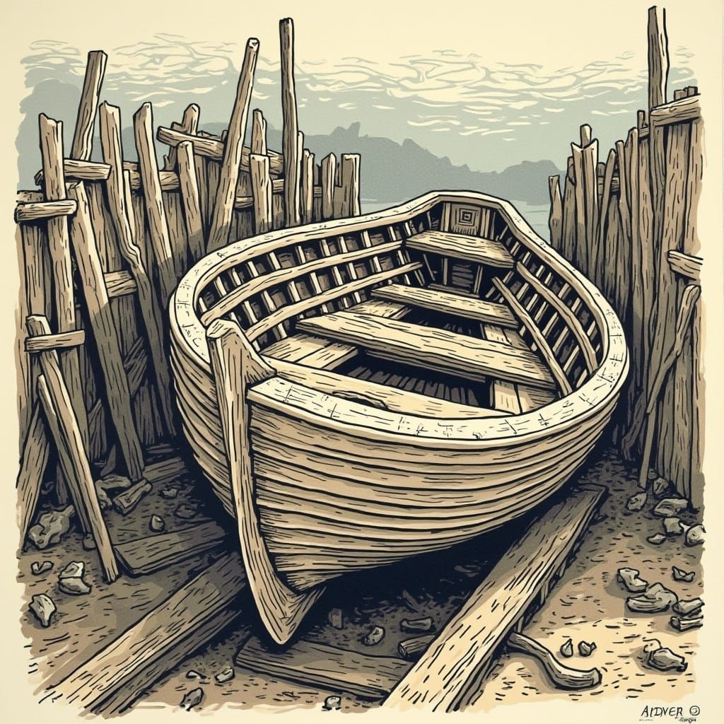 Wooden Boat Under Construction in Linocut Style