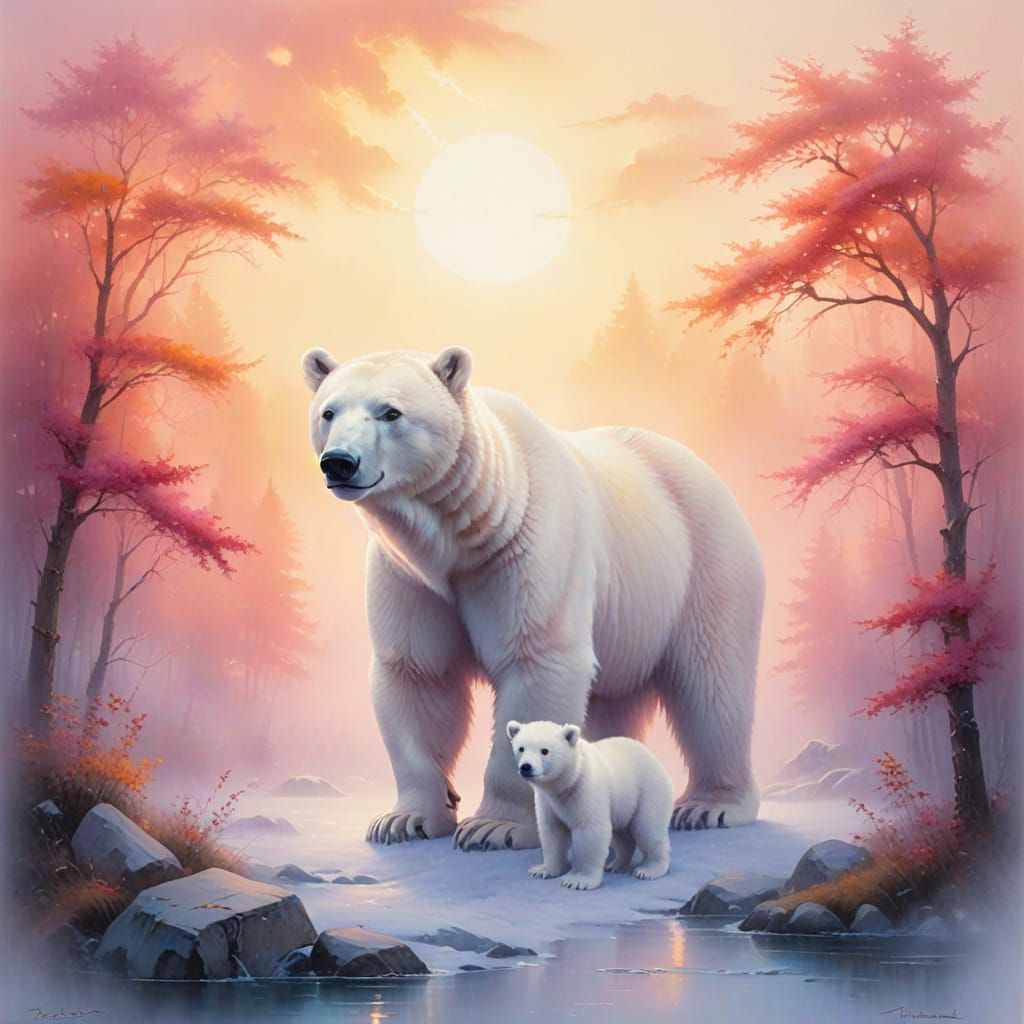 Surreal Polar Bear Family in Vibrant Watercolor