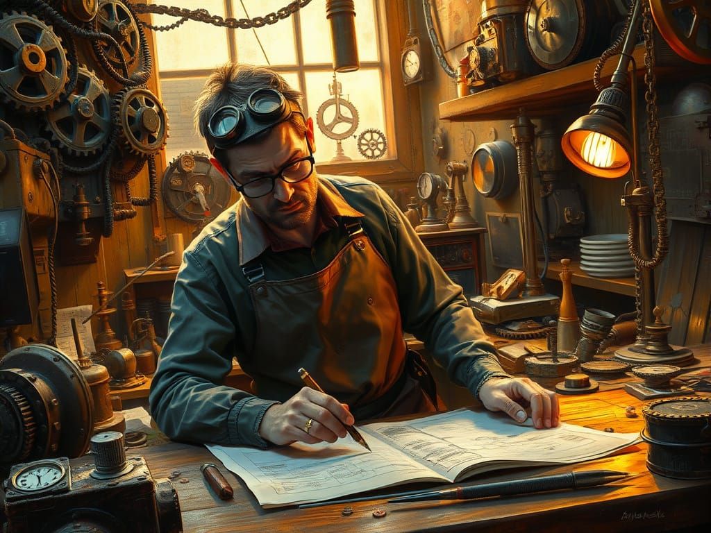 Steampunk Inventor in a Golden-Lit Workshop