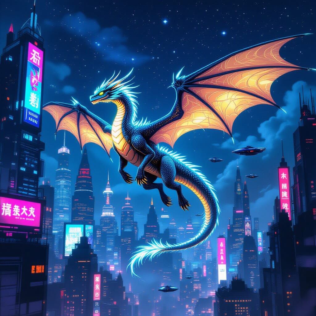 Bioluminescent Dragon Soaring Over Cyberpunk City