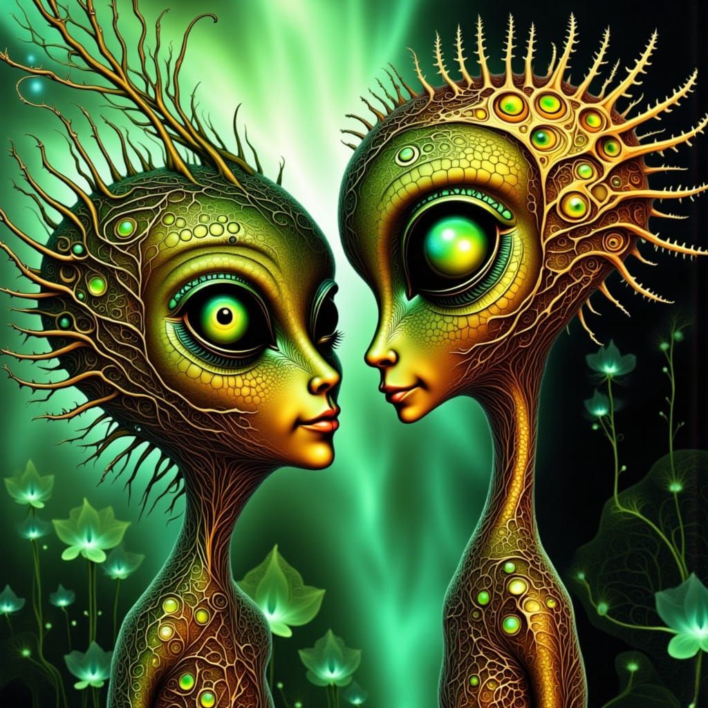 Alien Family Portrait in Surreal Opalescent Style