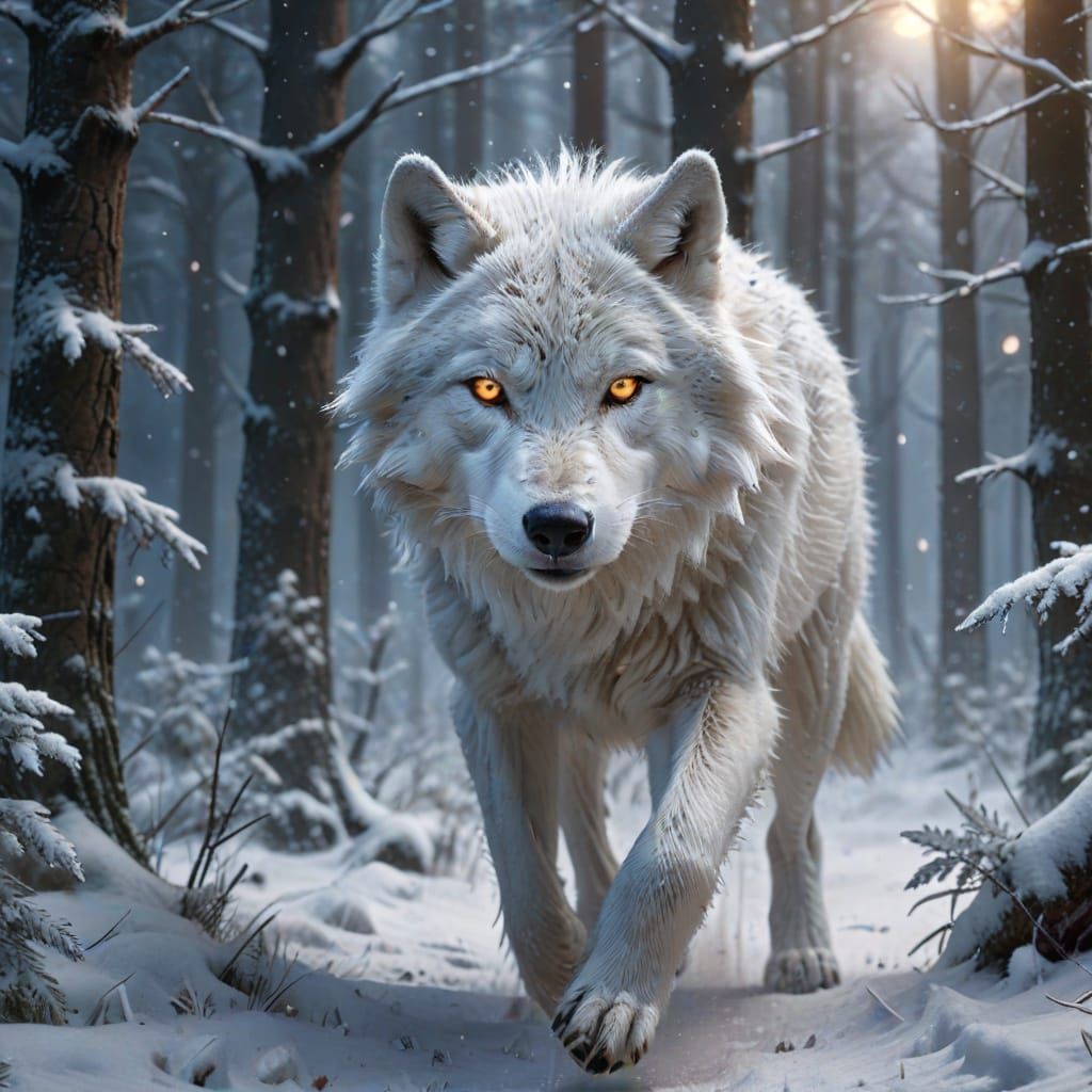 White Wolf Running in Misty Winter Forest