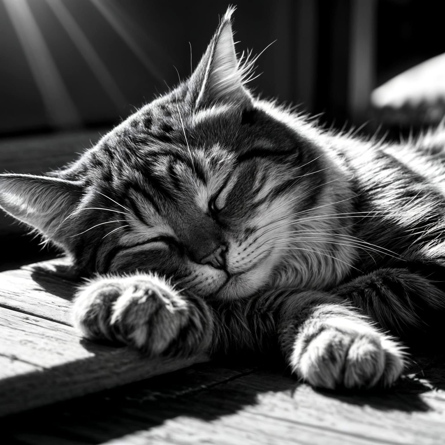 Black and White Tabby Cat Sleeping Peacefully in Sunlight
