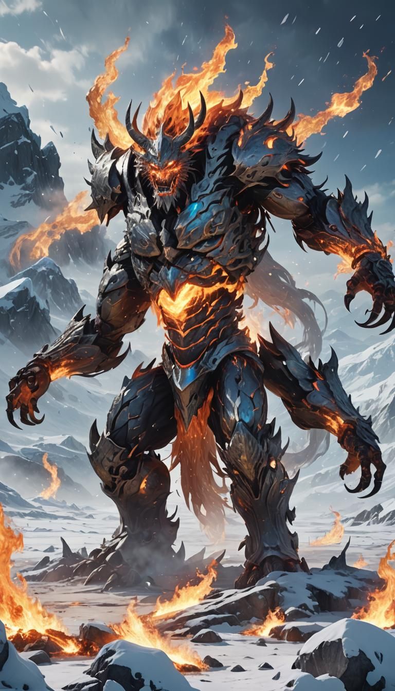 Fiery Titan in Frozen Wasteland: 3D Anime Art