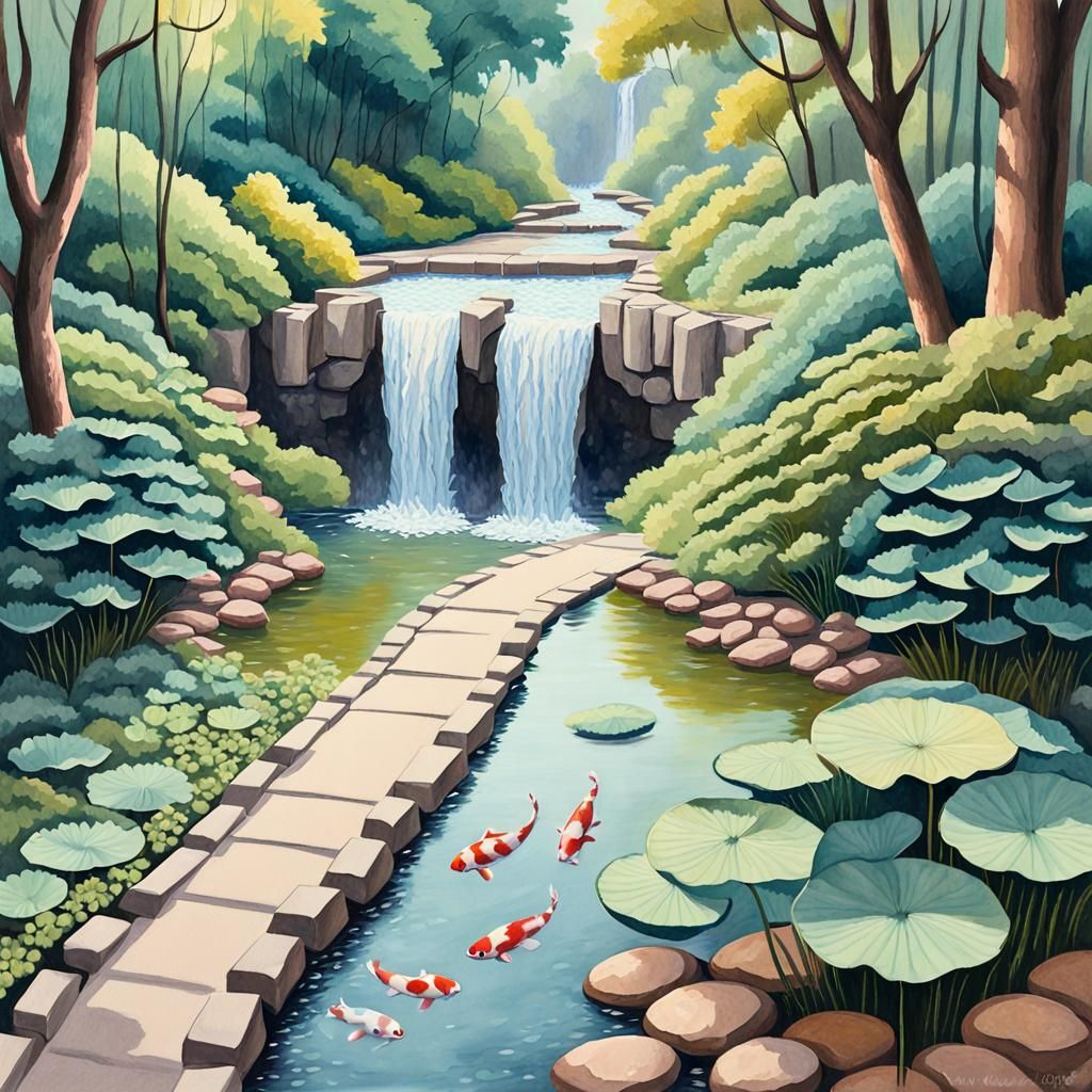 Hyperreal Koi Pond Forest in Gouache Style