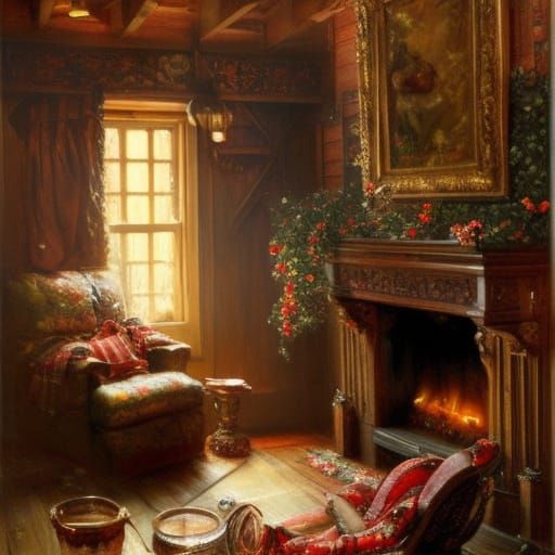 Cozy Cottage Interior: Intricate Oil Painting
