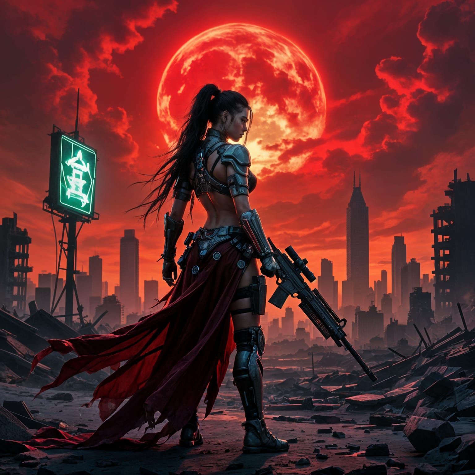 Cybernetic Warrior Woman Surveys Post-Apocalyptic Cityscape