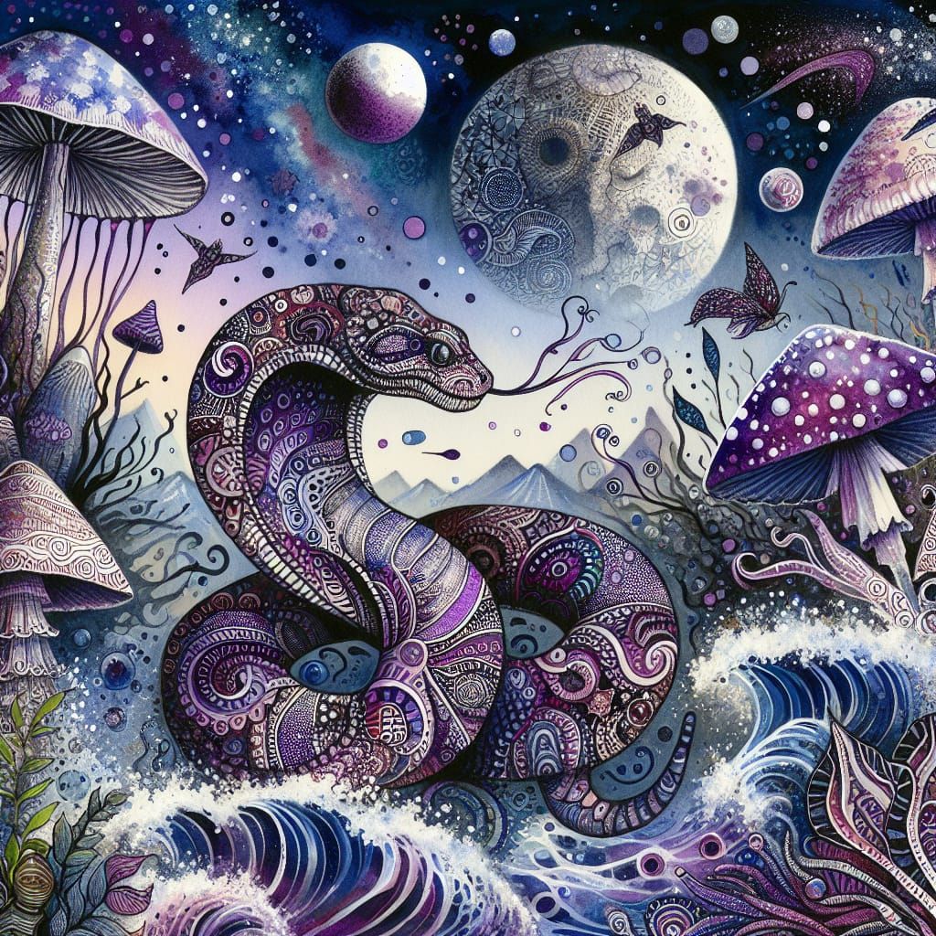 Magical Steampunk Snake Amidst Vibrant Celestial Landscape