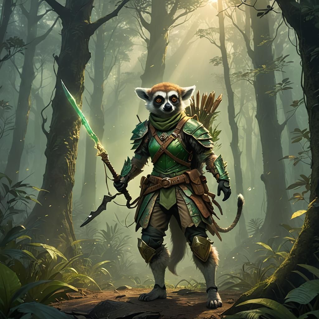 Lemur Ranger in Misty Forest: Fantasy Concept Art