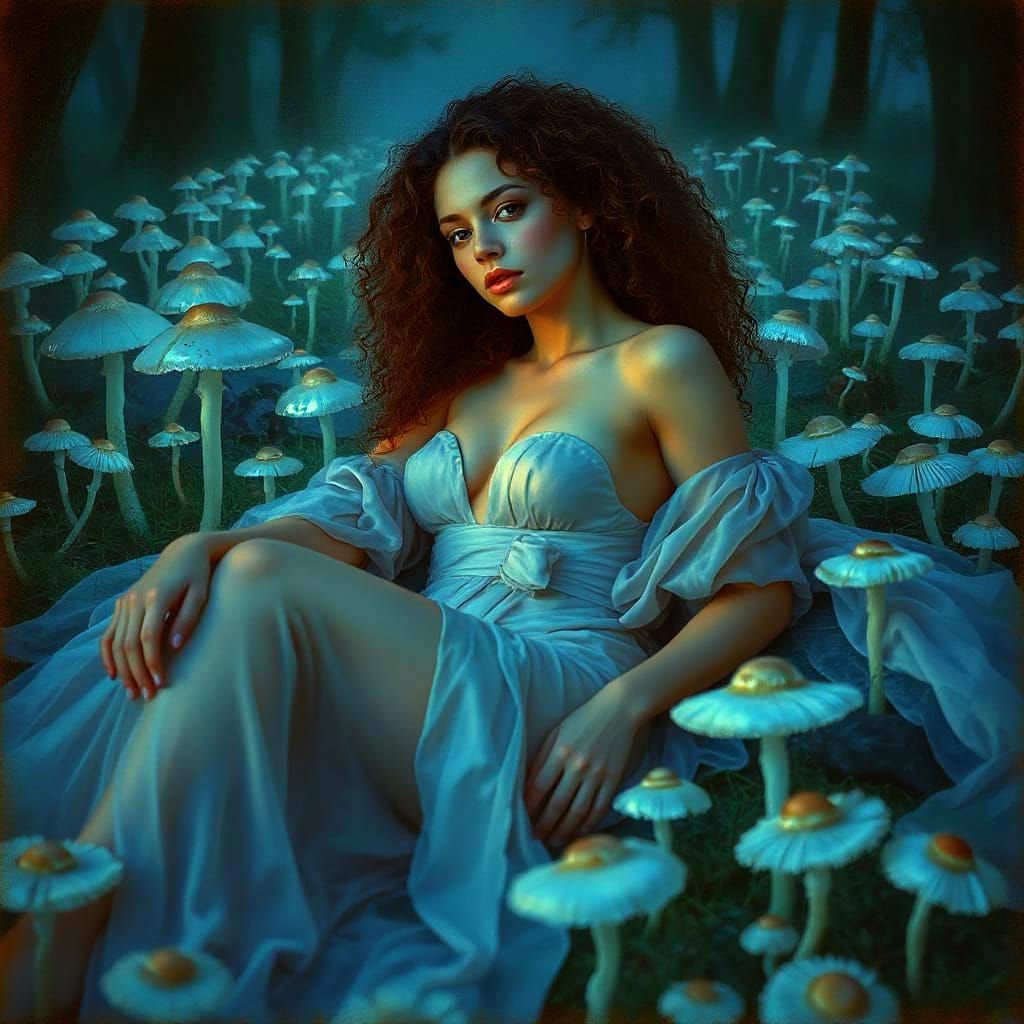 Ethereal Goddess in Bioluminescent Forest