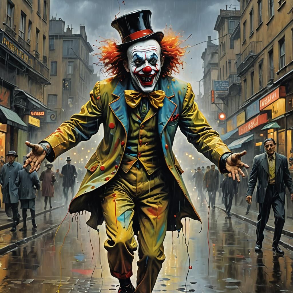 Surrealist Clown in Neon Rain: Expressionist Nightmare