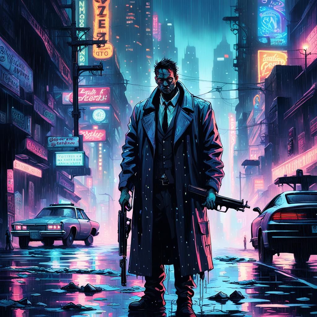 Dystopian Detective in Neon Cityscape