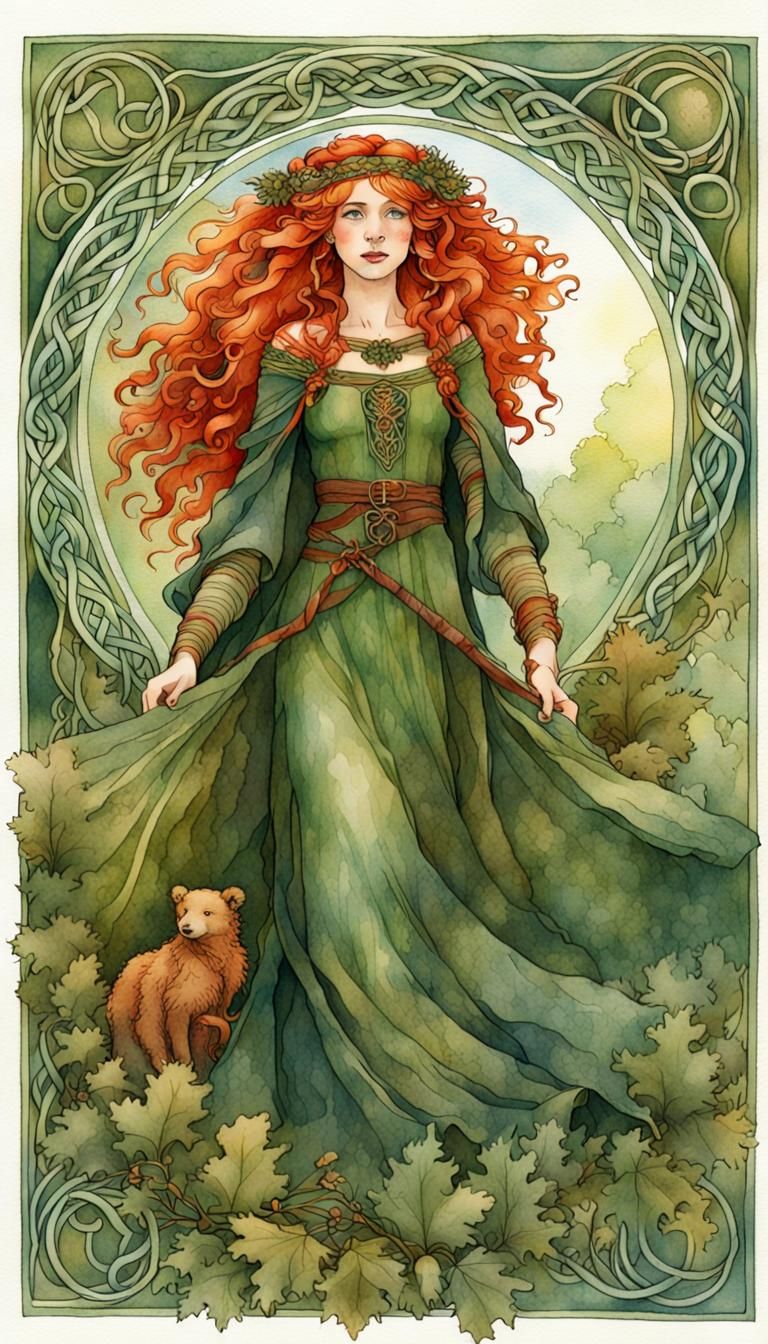 Whimsical Art Nouveau Watercolor of Merida