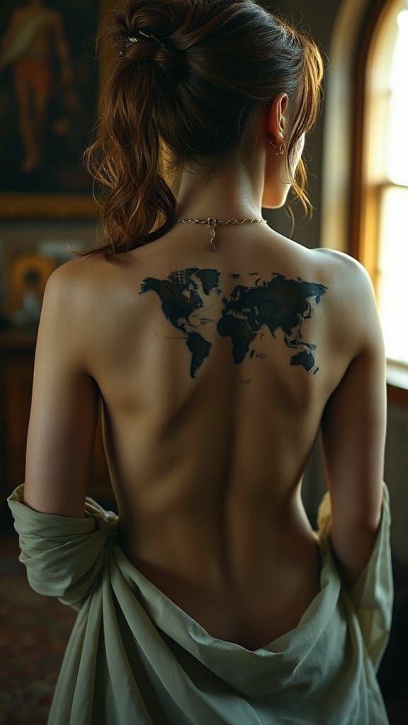 Elegant Woman with Intricate Back Tattoo in Cinematic 35mm F...