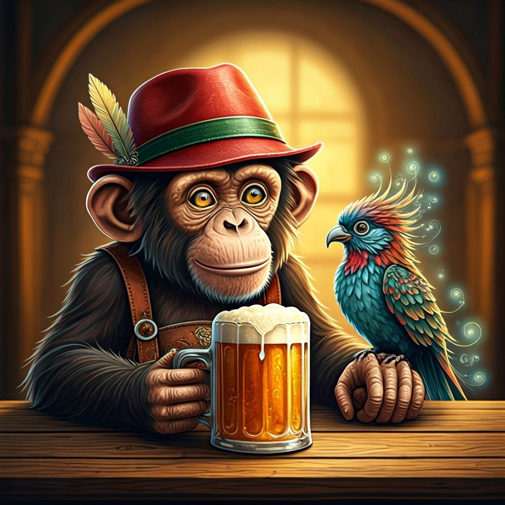 Chimpanzee and Bird Enjoy Beer at Munich Tavern