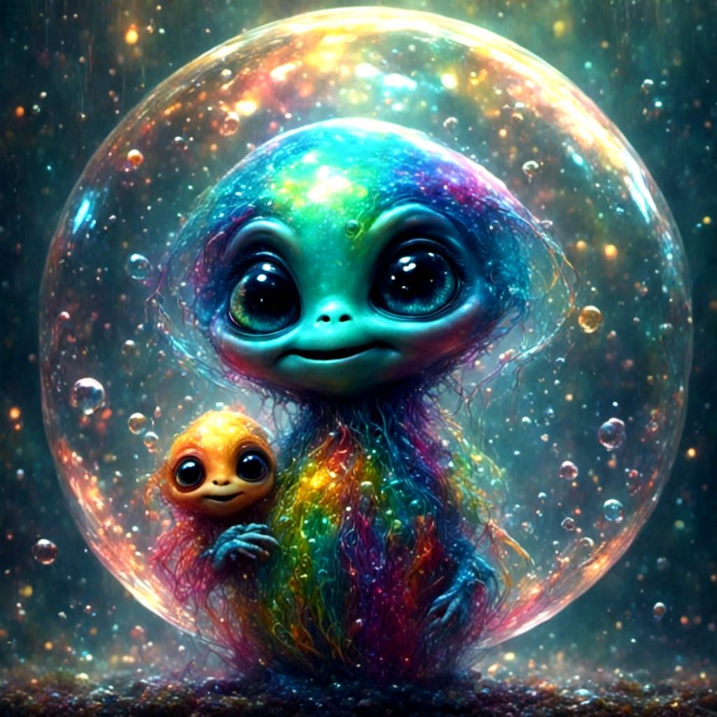 Adorable Rainbow Alien Baby in Bubble with Mother