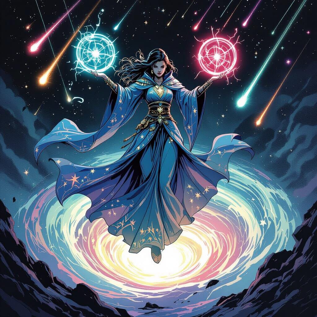 Dynamic comic book cover. A celestial sorceress levitates above a swirling vortex of cosmic energy, wielding arcane symb...