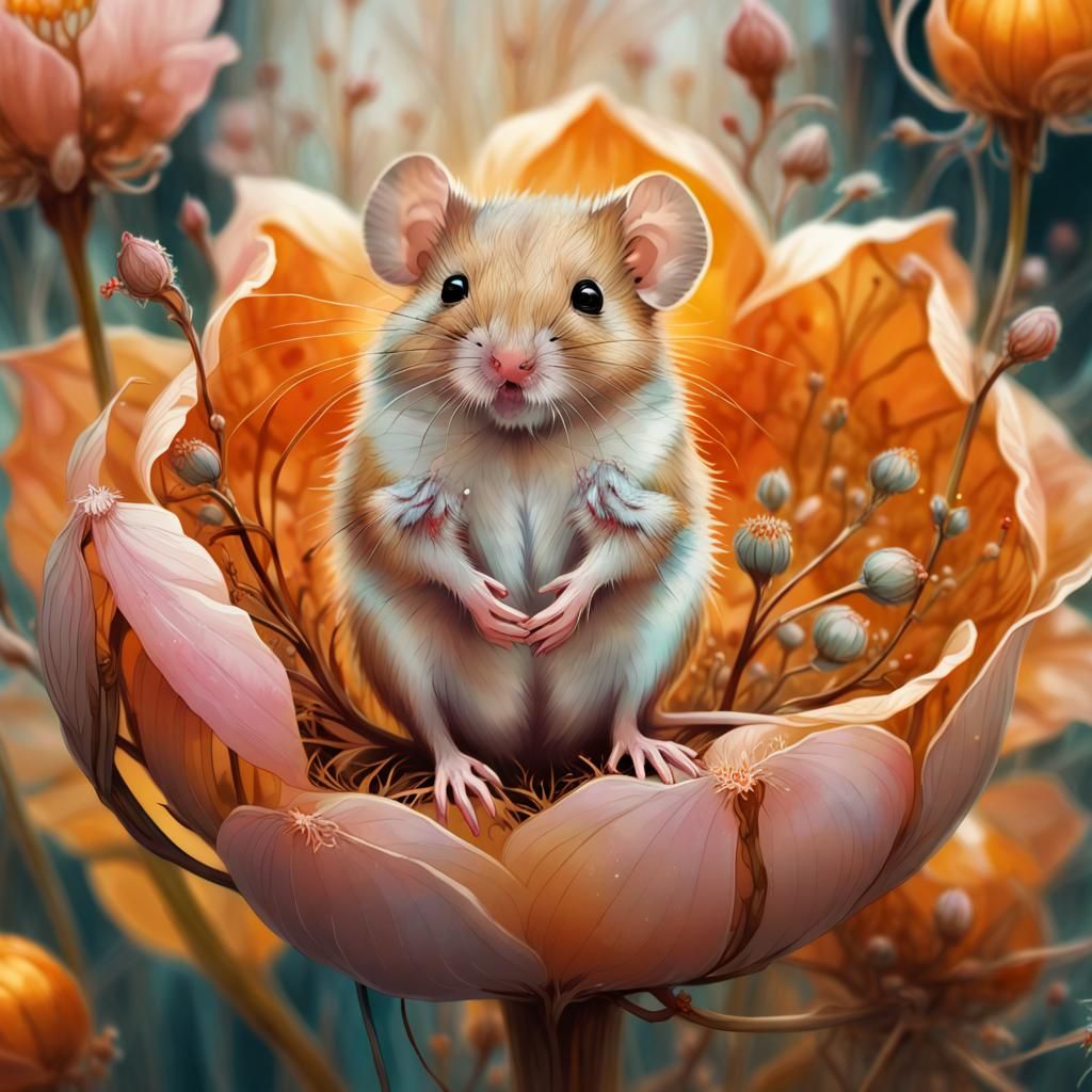Harvest Mice in Flower, Digital Art Illustration