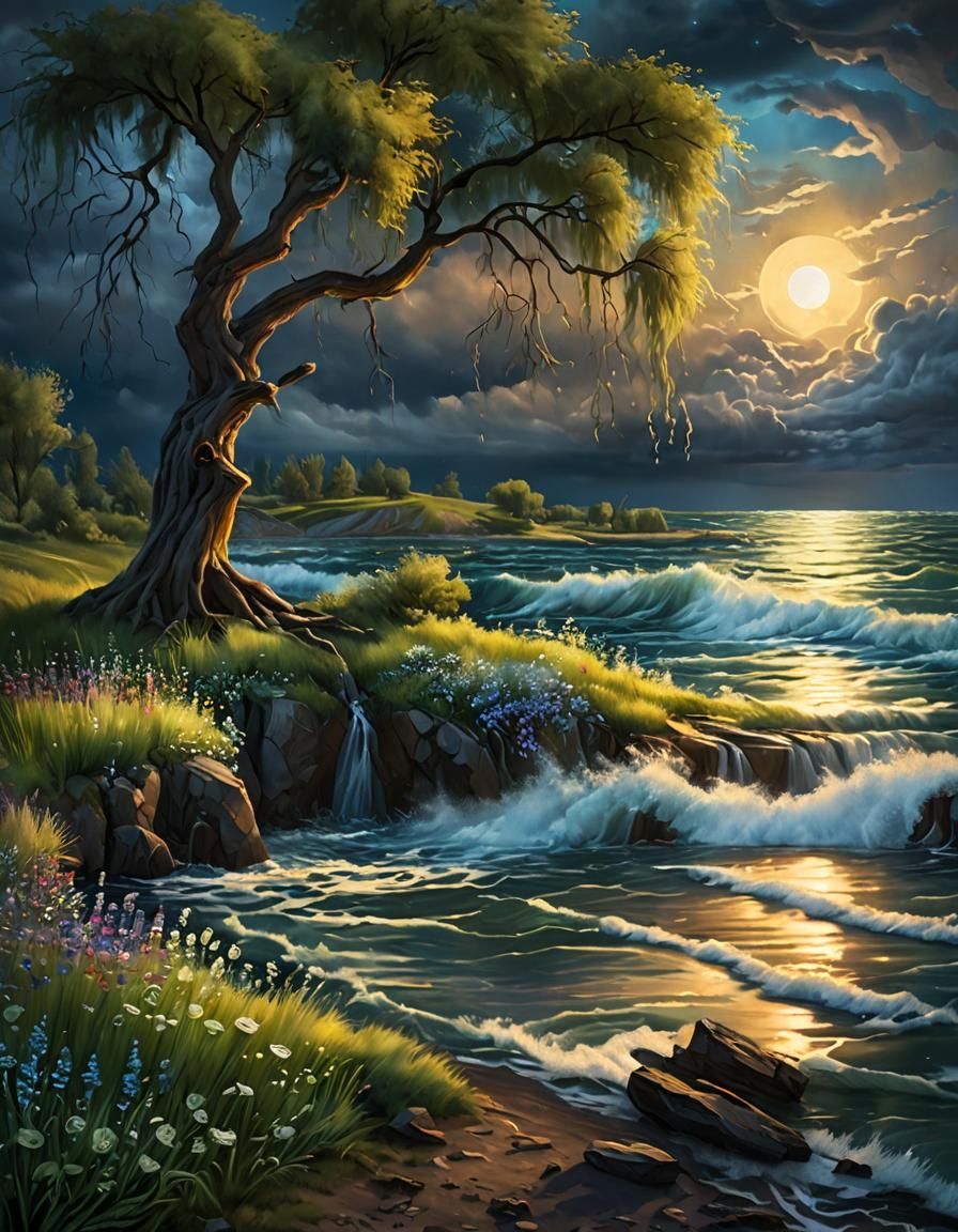 Moonlit Storm Tides by Lake with Wildflowers