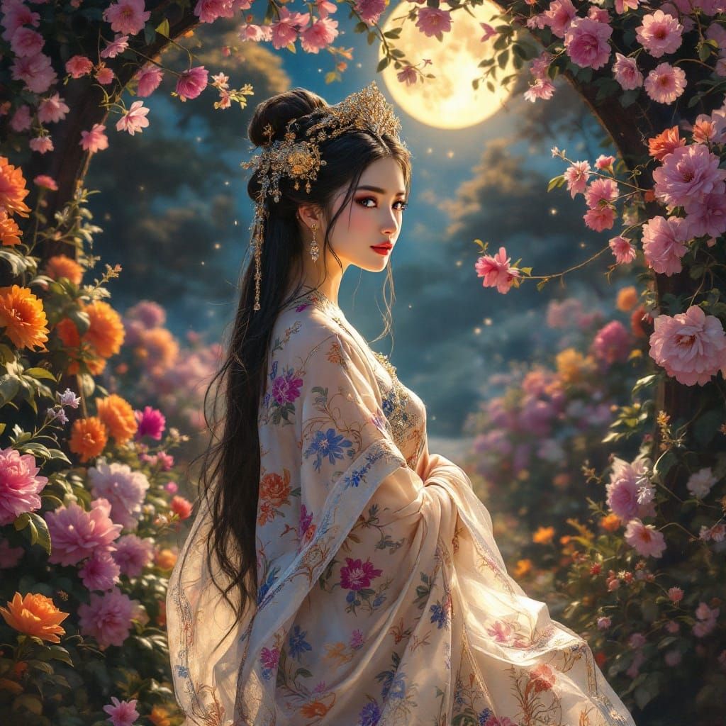 Serene Oriental Garden Scene by Moonlight