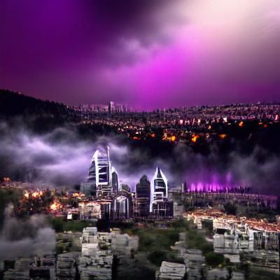 Spooky Purple Lighting Illuminates City, Detailed Matte Pain...