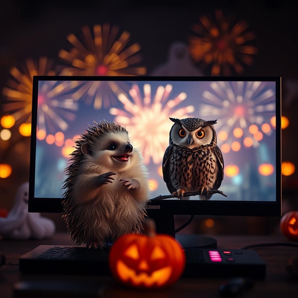 Hedgehog and Owl Celebrate Halloween with Fireworks