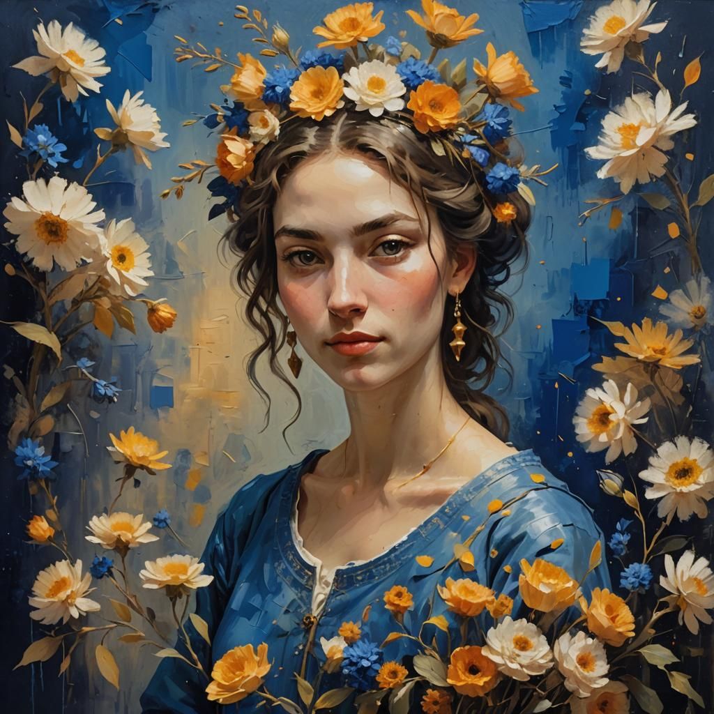 Floral Woman Oil Painting in Rembrandt Style