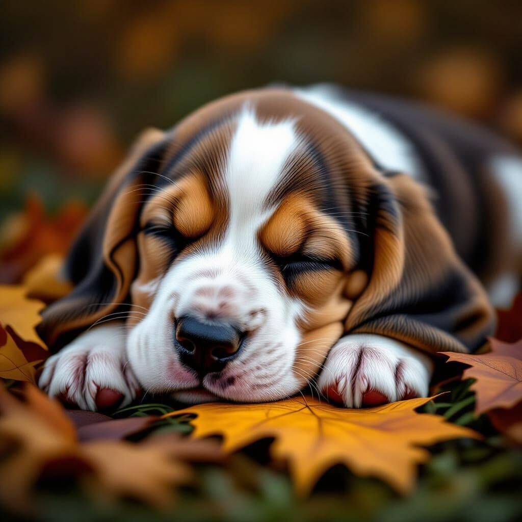 Cute Basset Hound Puppy Sleeping in Autumn Garden at Night