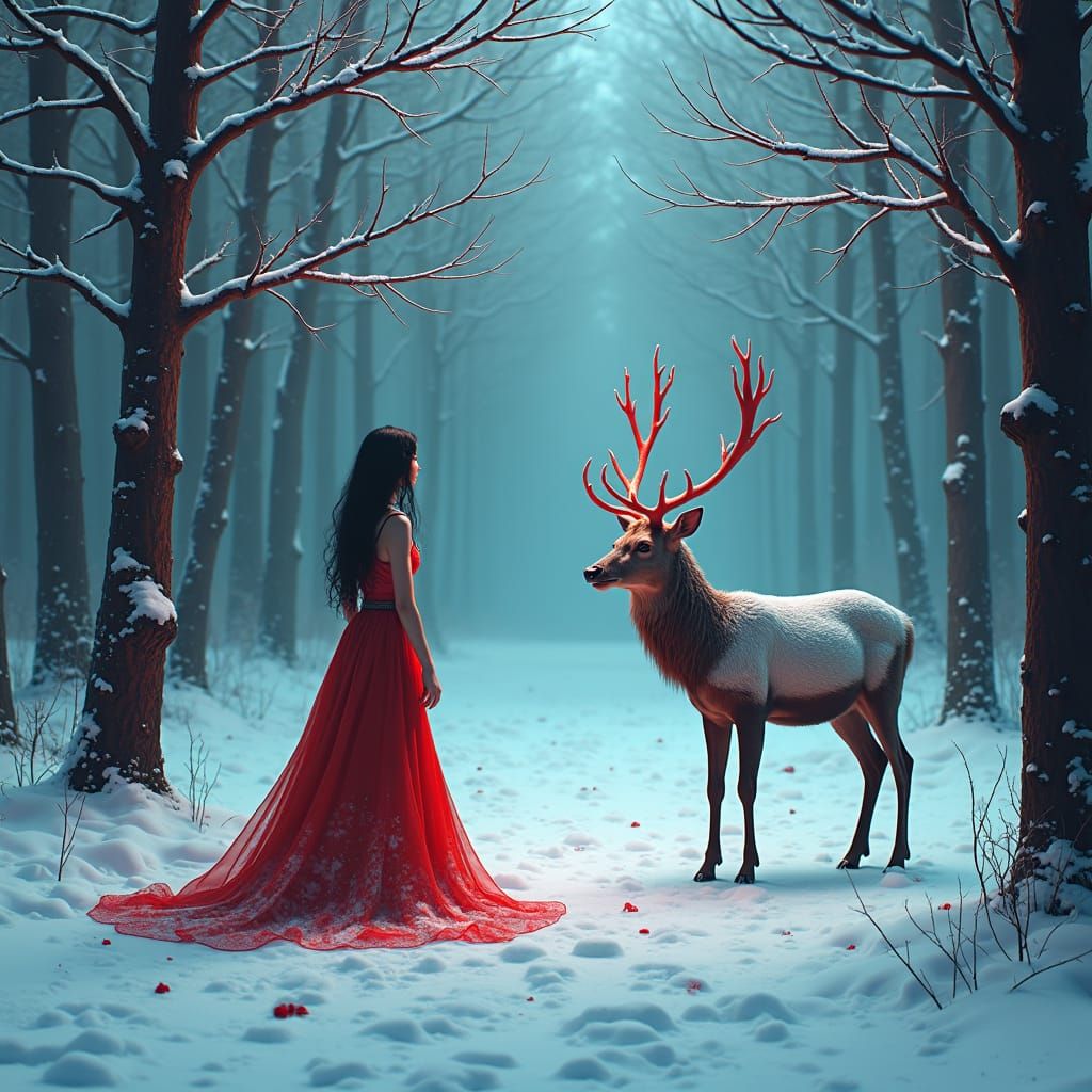 Woman and Deer in Snowy Forest, Digital Art