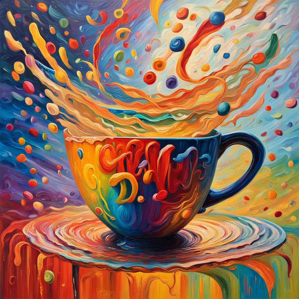 Expressionist Oil Painting: Overflowing Cup of Rainbow Words