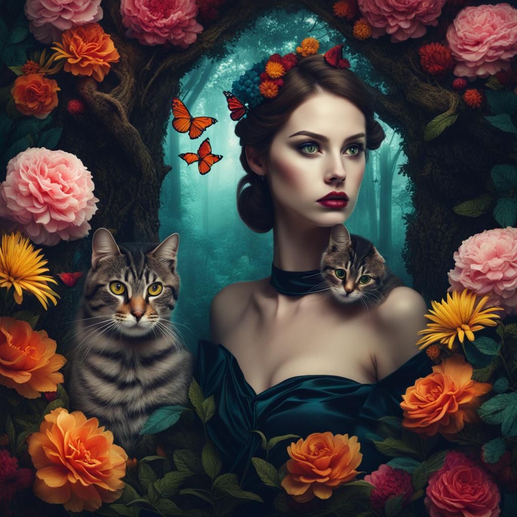 Surreal Fantasy Portrait of Woman in Floral Landscape