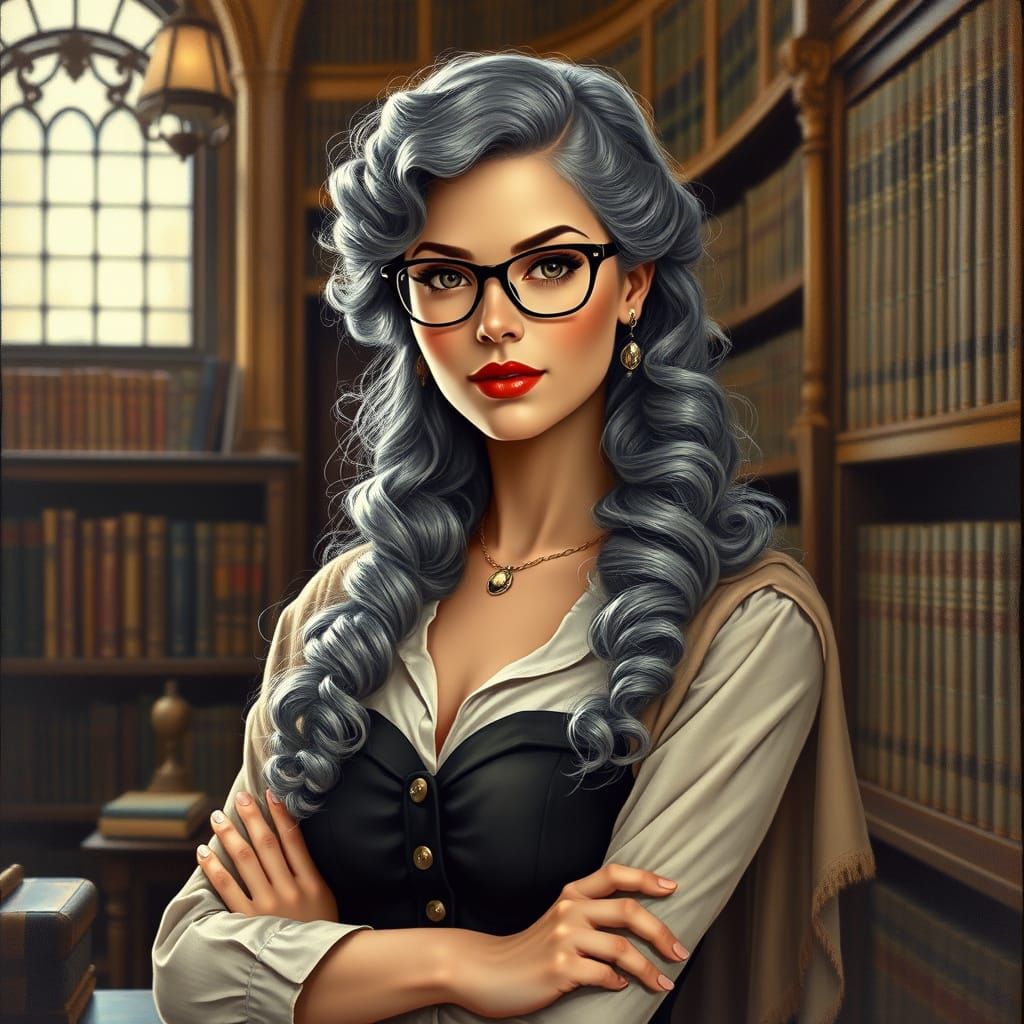 Ethereal Pin-Up Librarian in Victorian Study