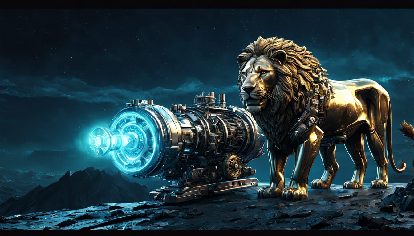 Chrome Lion Roaring in Futuristic Landscape
