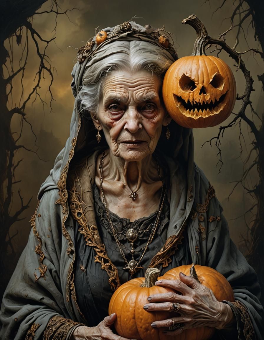 Hyperrealistic Portrait of a Withered Hag with Pumpkin