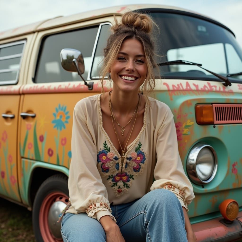 Happy Hippie Woman with VW Bus