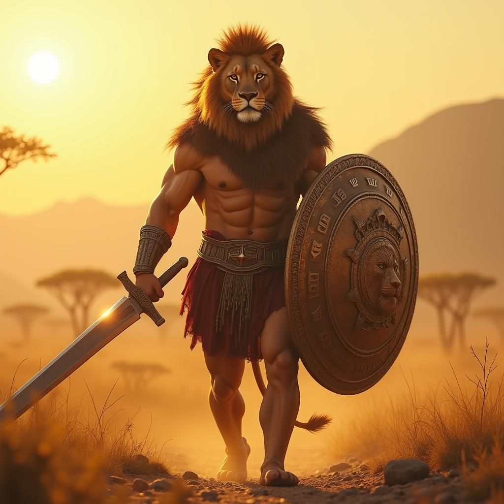 Lion Gladiator in Roman Armor on Golden Savanna