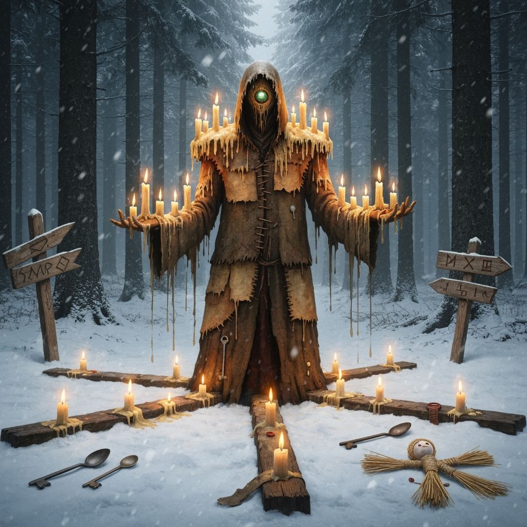 Candle Man at Ancient Forest Crossroads in Winter