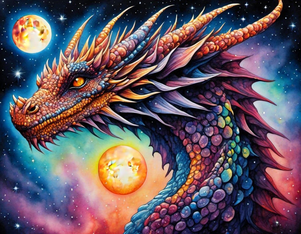 Nebula Dragoness Portrait in Watercolor Ink Style