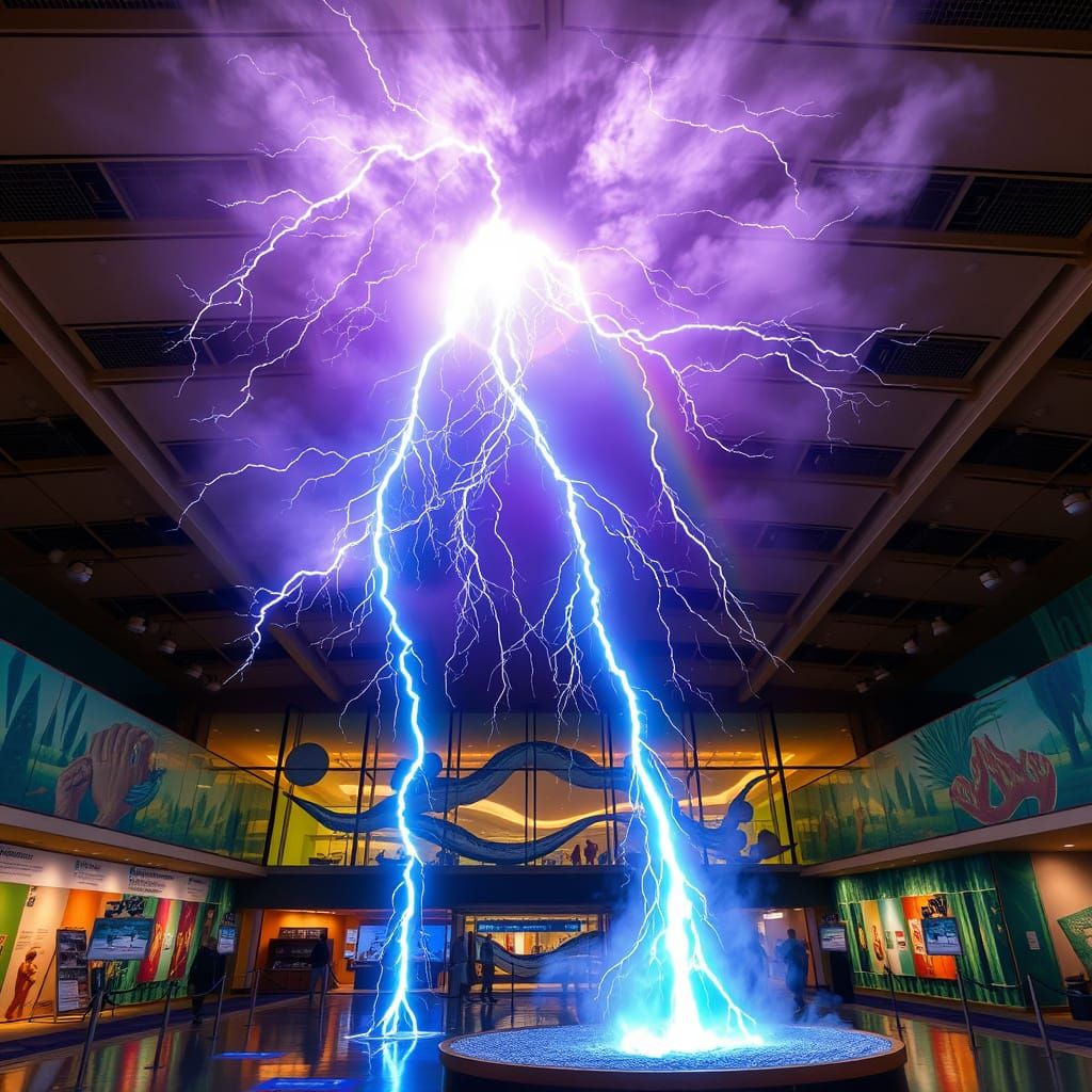 A cosmic thunderstorm with rainbow lightning is erupting inside a museum of an environmental science museum.