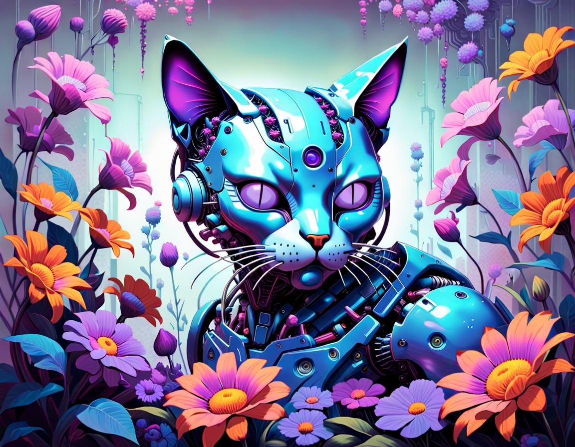 Psychedelic Cyborg Cat in Surrealist Digital Art