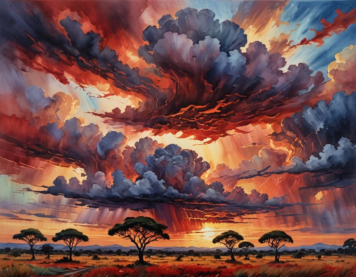 African Savanna Sunset: Expressionist Oil Painting